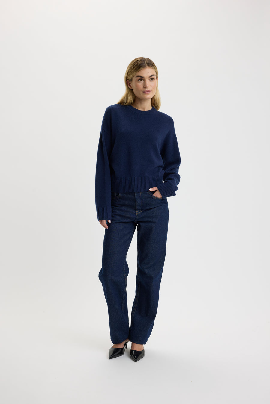 Christina Banded O-Neck Sweater Navy